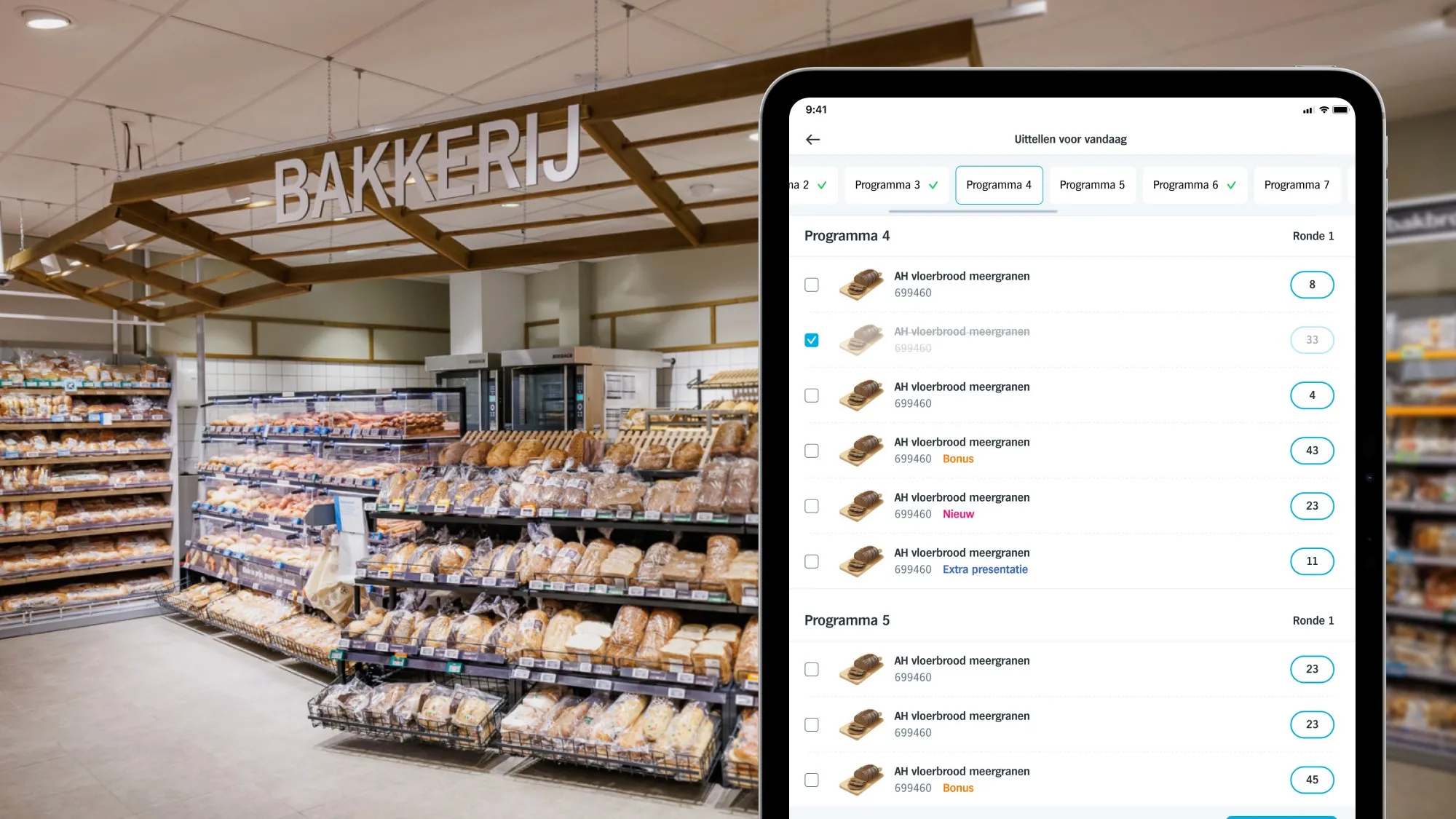 An Albert Heijn bakery department with bread on the shelves, next to an iPad showing the Bak screen for today's count-out per baking programme