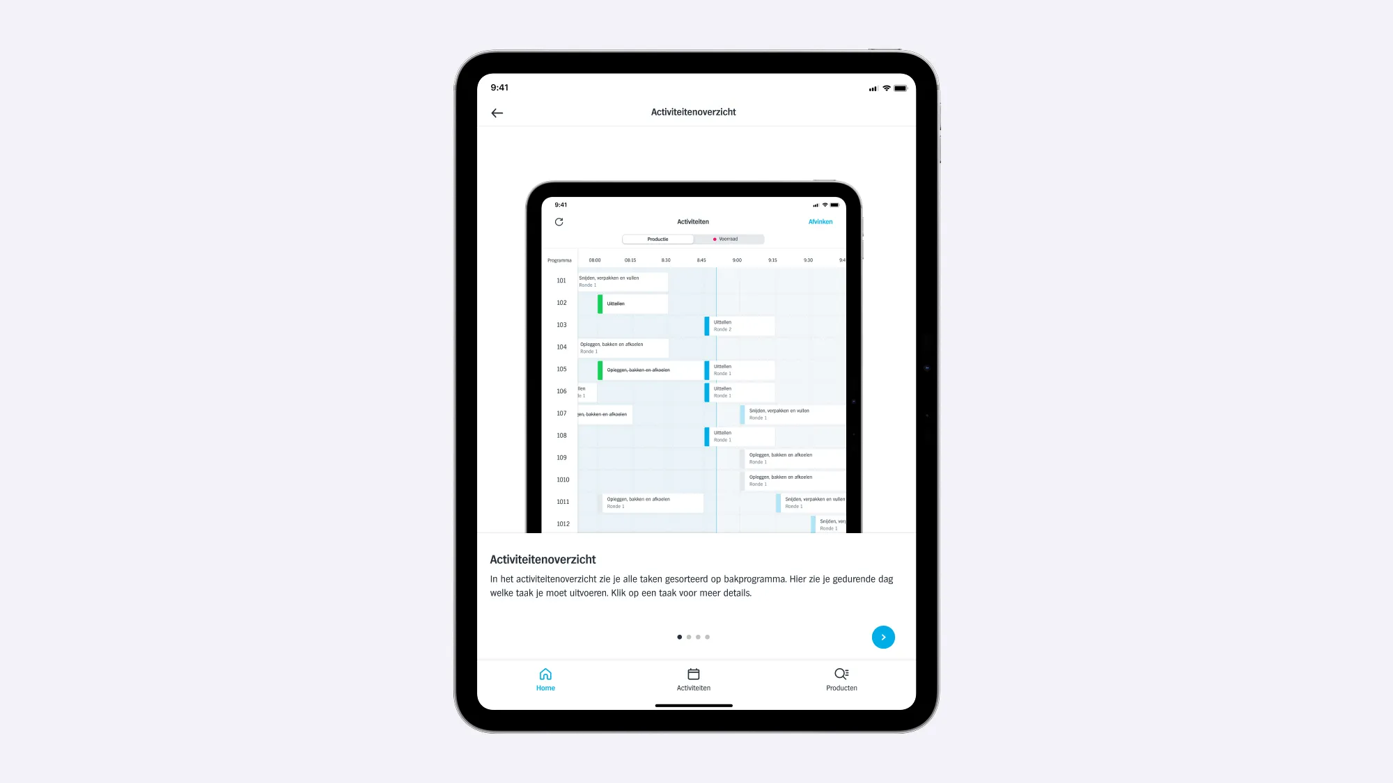 Bak on an iPad showing an instruction page about the activity overview, with a preview of the schedule and dots to page through