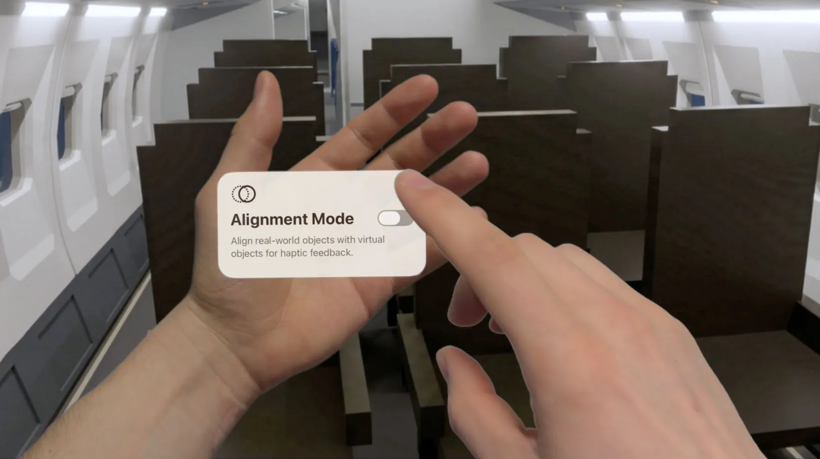 A hand with a menu on the palm showing Alignment Mode switched off, in a virtual aircraft cabin
