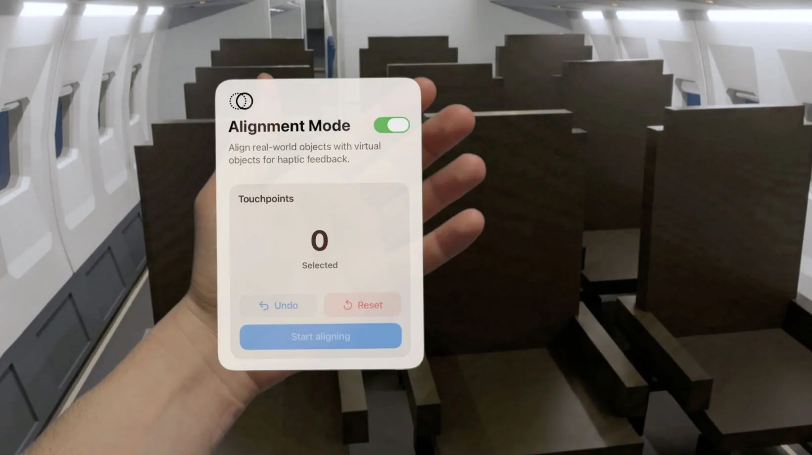 The palm menu with Alignment Mode switched on, showing zero selected touchpoints and buttons to undo, reset and start aligning